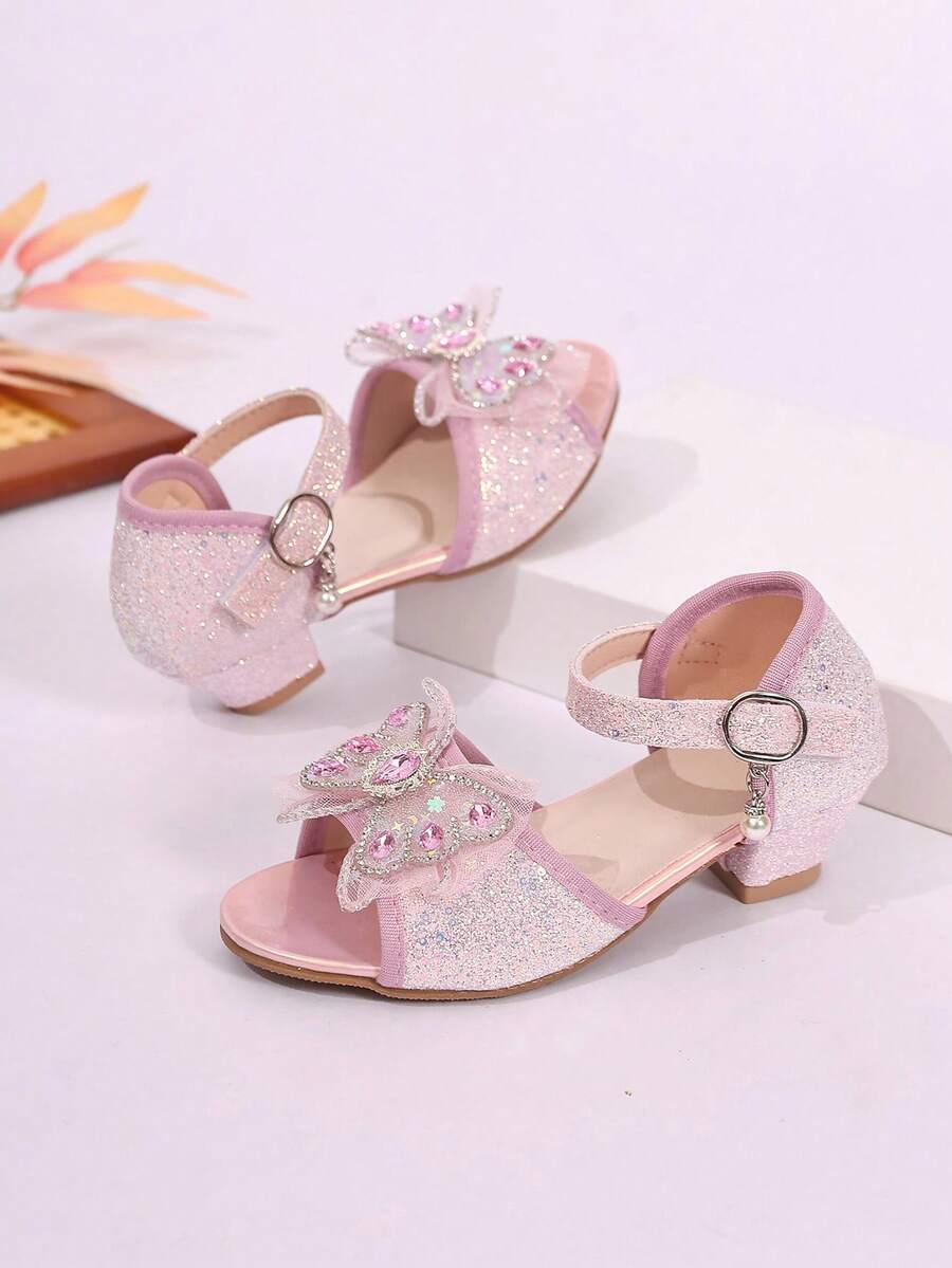 1双夏季儿童公主风新款凉鞋，女童珍宝粉色水钻蝴蝶结魔术贴连衣裙鞋 - 粉色 - 查看 1