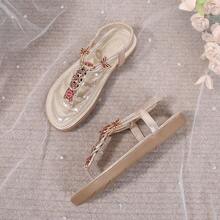 Women's Rhinestone Embellished Flat Thong Sandals, Summer 2025 - Gold - View 8