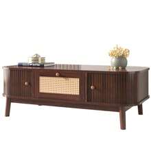 Coffee Table - Rattan Coffee Table, Drawers With Rattan And Sliding Doors With Solid Wood Slats, Solid Wood Legs, Natural Country Style. - Natural - View 1