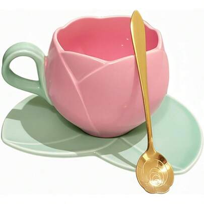 Taza de café, taza tulipán con cuchara y soporte para taza, juego de tazas, hermosa taza en forma de tulipán con plato de cerámica y cuchara, adecuada para mamá, mujeres, regalo de cumpleaños y San Valentín (rosa) X4HE