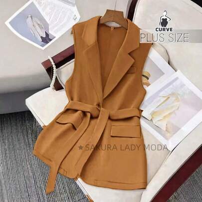 SAKURA LADY MODA[G1-44][G2-46][G3-48]colete blazer alfaiataria,blazer com botao sem manga,com cinto,terno moderno,look elegante,moda social,look urbano feminino,ideal para trabalh,terno com personalidade,moda casual femininao,roupacom caimento perfeito,estilo prático e elegante,look verao,doce,cute,qualidade melhor,natal roupa feminina