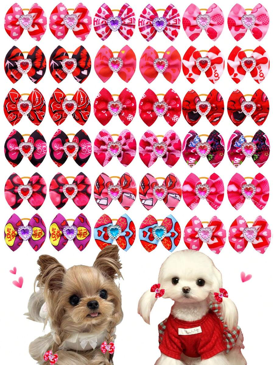 10/30个装爱心钻石宠物蝴蝶结头饰，带弹力橡皮筋，可爱有趣的狗狗发饰，装扮，幼犬装饰，猫狗宠物装饰用品，情人节/日常散步/宠物派对装扮神器