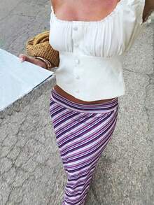 Nueva falda larga elegante y con estilo, de tela de punto con estampado de rayas, adecuada para la playa, vacaciones, uso diario y viajes de primavera - Morado - Ver 5