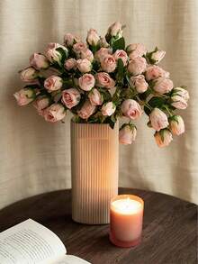 1pc/2pcs/3pcs/4pcs/5pcs/6pcs Pink Artificial Roses, Fake Dried Roses, Home Decor Fake Roses, 7 Heads Nordic Style Mini Artificial Roses, Green Artificial Plants, Bohemian Autumn Farmhouse Style Decorative Rose Bouquet - Pink - View 10