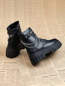 [Free Returns And Exchanges][Local Delivery][Quick Arrival][Classic Boots Series]New Classic Women's Black Mid-Calf Boots Boots Easy And Comfortable To Wear Women's Platform Boots Suitable For Parties Lace-Up And Zipper Fashionable Style Women's Boots With Silver Chain - 黑色 - 查看 5