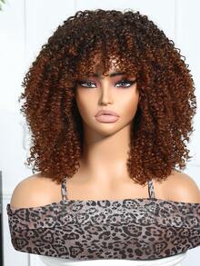 14英寸齐肩卷发假发，带刘海，棕金色渐变非裔蓬松卷发，自然蓬松，适合日常佩戴，也适合万圣节、圣诞节、新年、狂欢节、音乐节、角色扮演等场合，是送给女孩、毕业生、万圣节和圣诞节的理想礼物。 - 漸層棕色 - 查看 3