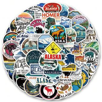 120张阿拉斯加贴纸，可用于装饰、DIY日记、复古房间装饰、冰箱、衣柜、书架、移动电源、墙壁、门窗、水瓶、笔记本和其他日常用品。