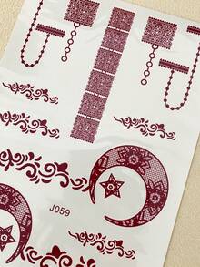 1pc Maroon Tattoo Stickers For Hand, Waterproof Temporary Tattoos For Women, Moon Design Henna Sticker For Festival Body Art - Burgundy - View 6