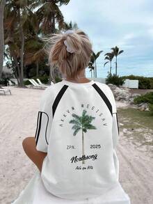 Palm Tree Print Short Sleeve T-Shirt, Women's Fashion Graphic Tee, Retro Summer Top - Black and White - View 1