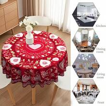 1pc Vintage Red Rose Theme Round Tablecloth, 48inch/122cm, 60inch/152cm Round With Vibrant Rose And Heart Patterns, Suitable For Mother's Day, Wedding, Restaurant, Kitchen, Living Room, Cafe, Date Night And Anniversary - Multicolor - View 4