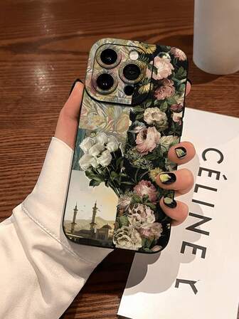 1件套油画花卉标语复古印花2D图案手机壳，流行创意高端中东风格简约卡通可爱油画花卉标语设计，适合作为生日/节日礼物送给长辈、朋友、家人、情侣或自己，黑色哑光软壳提供全面保护，兼容 16/15/14/13/12/11/Pro/ProMax/X/XR/XS/XSMAX/7/8/PLUS等型号。