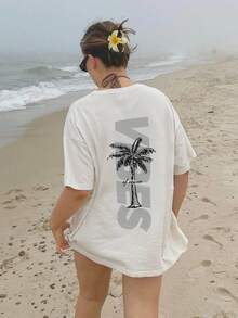 女士时尚夏季圆领短袖T恤，柔软舒适，休闲百搭。印花图案灵感源自度假风情的棕榈树和英文字母，散发青春活力。适合度假、跑步、休闲、聚会、派对等各种场合。宽松的街头风设计，也适合户外穿着，是夏季穿搭的理想之选。 - 白色 - 查看 6