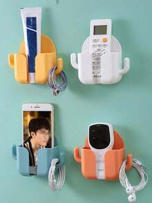 1/2pcs Wall Mounted Phone Storage Box, Multi-Function No Drill Cactus TV Air Conditioner Adhesive Charging Holder Rack - Black - View 6