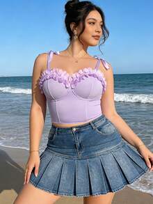 Lavender Ruffle Flower Bustier Bodysuit - Beach Vacation Sweetheart Corset Top - Mauve Purple - View 2