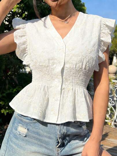 Women's Solid Color Pleated Ruffle/Frill Blouse, Suitable For Dates, Vacations