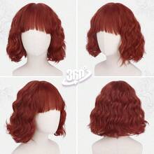 Peluca corta ondulada BARSDAR con flequillo, peluca roja cobrizo con ondas cortas y rizadas, pelucas francesas texturizadas con flequillo para mujeres, pelucas de cabello sintético de aspecto natural para Halloween - Mezcla de negro y marrón castaño rojizo - Ver 8