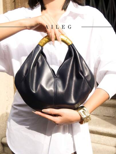 Luxury Women's Solid Color Crescent Bag With Simple Metal Handle And Large Capacity Handbag, Perfect For Dinners And Parties, Can Be Paired With Daily Wear, Formal Wear, Dance Dresses, Birthday Dresses