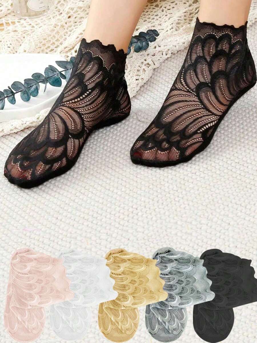 女士蕾丝花朵网眼袜，防滑隐形内衬袜，女士弹力舒适透气短袜