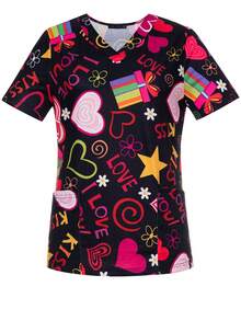 Valentine's Day Fun Love Pattern V Neck Nurse Scrub Top Regular Length Short Sleeve With Convenient Pockets - Multicolor - View 3