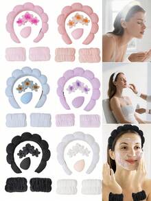 5pcs Women's Velvet Headband Wash Set, Includes Sponge Spa Headband For Face Washing, Wristband, Large Flower Hair Clip, Fluffy Makeup Cleansing, Mask & Skincare/Haircare Accessories, Comes In Elegant Gift Box For Party Or Daily Use - Multicolor - View 3