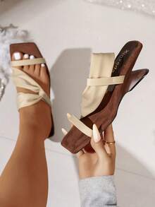 Black Sandals Women's Spring/Summer New Minimalist Elegant Z-Strap Square Toe Asymmetric Heel High Heel Sandals, Suitable For Valentine's Day, Dates, Gatherings, Parties; Beige High Heel Sandals - Beige - View 5