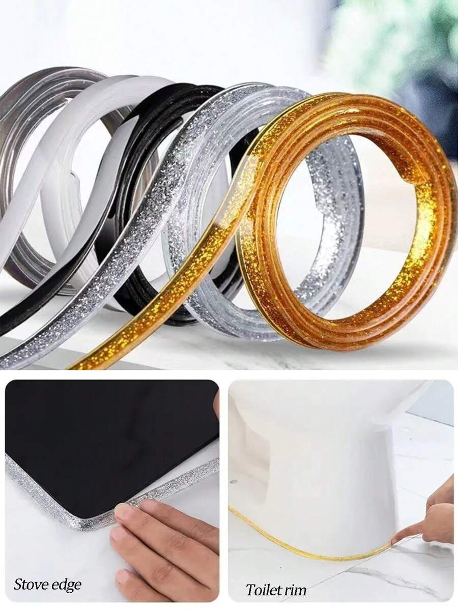1 Roll 3 Meters Multi-Purpose Self-Adhesive Caulk Strip, Decorative Trim For Makeup Mirror/Glass Frame, Edging Strip, Available In Black/Colorful Gold/Silver/White, Waterproof & Mildew-Resistant Decorative Strip For Home & Kitchen - Multicolor Length 3 Meters - View 1