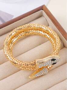 1pc Fashionable & Elegant Rhinestone Encrusted Snake Design Wrap Bracelet, Women's Fashion Accessory - Gold - View 3