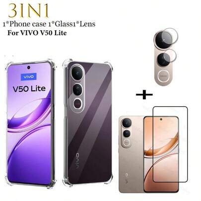 全新三合一透明防震手机壳 + 9H 硬度钢化玻璃屏幕保护膜（适用于 V50 Lite，防刮花、防碎裂、无气泡、适合游戏）+ 镜头膜，3 件套超值套装，安装简便，适用于 V50 Lite