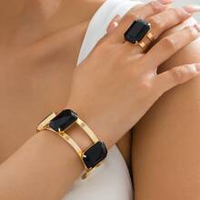 Bộ 2 món trang sức sang trọng, thời trang, thiết kế độc đáo hình vuông bằng kim loại đính đá giả + 1 chiếc nhẫn điều chỉnh được, thanh lịch, thích hợp cho phụ nữ đeo hàng ngày và làm quà tặng. - màu đen - Xem 9