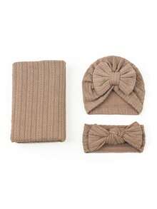 3件套婴儿襁褓毯套装，秋冬季新生儿提花编织襁褓包巾，蝴蝶结发带和帽子