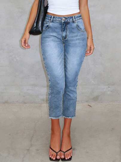 Light Wash Distressed 3/4 Skinny Jeans For Women, Stretchy Pencil Pants For Casual, Commute