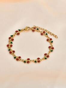 1 pieza Pulsera con forma de cereza de acero inoxidable con gemas ombre y cristales de rinoceronte, estilo de lujo ligero, accesorio de moda con cadena de titanio - Rosa Fucsia - Ver 7