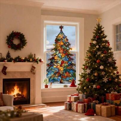 1 Christmas Tree Sticker - Colorful Stained Glass Effect, Easy To Apply, Durable PVC, Suitable For Holiday Window Decorations In The Living Room Or Bedroom, Home Christmas Decorations, Perfect Holiday Ornaments.