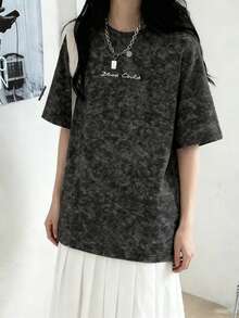 日系女式宽松圆领时尚百搭字母印花扎染短袖T恤，春夏款 - 黑色 - 查看 3