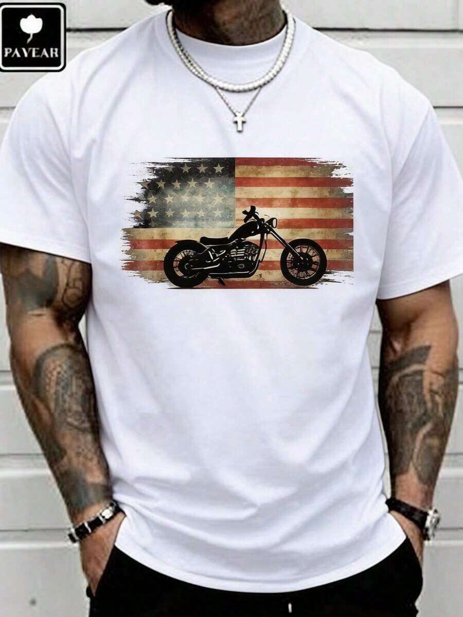 Vintage T Shirts Retro Vintage USA Flag Motorcycle Patriotic America Biker T-Shirt Heavy Cotton T-Shirt The Best Gift Graphic T Shirt - 白色 - 查看 1