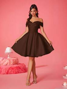 Elegant New Arrival Off-Shoulder Cinched Waist Cocktail Dress Wedding - Brown - View 1