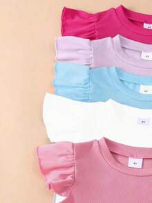 10pcs/Set Girls' Casual Solid Color Knit Fabric Top And Matching Solid Color Shorts Set, Spring/Summer - Multicolor - View 3