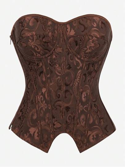 Punk Corset Top, Strapless Jacquard Bustier Crop Top With Zipper, Vintage Waist Cincher Shapewear Top, Backless Camisole Underbust Corset