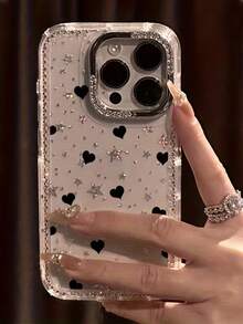 Luxury Shiny Black Heart & Star Transparent Full Coverage Phone Case, Compatible With IPhone 17, 17 Air, 17 Pro, 17 Pro Max, 16, 15, 14, 13, 12, 11 Pro Max, With Rhinestone Lens Protection, Valentine's Day Edition, Soft TPU Shock-Absorbing & Anti-Fall Protective Cover, Unisex - Clear - View 5