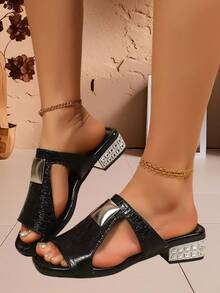 女士低跟粗跟凉鞋，舒适室内/室外休闲时尚拖鞋，适合春、夏、秋季穿着，时尚的套脚凉鞋，可搭配连衣裙，适合海滩、度假等场合。 - 黑色 - 查看 3