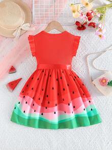 Young Girl Summer New Ruffled Sleeve Ribbed Splice Cute Watermelon Print Fashion Dress - Red - View 2