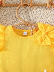 2pcs/Set Girls Summer Casual Outfit, Cap Sleeve Cute Bow Top Paired With Casual Bee Print Shorts, Toddler Baby Girl - Yellow - View 4