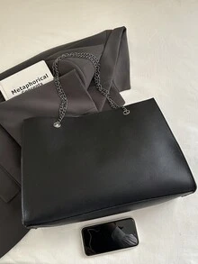 1pc Women's Solid Color Embroidered Soft Fabric Large Capacity Chain Strap Snap Closure Office/School Shoulder Briefcase