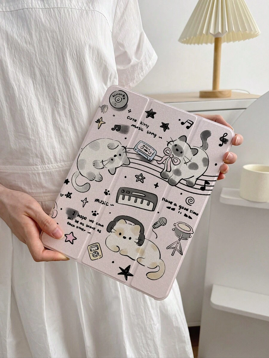 1pc Music Cartoon Kitten Painted Acrylic Protective Case, Suitable For IPad 7/8/9, IPad Air 5/4 9th Gen 10.2", IPad Pro 11" (2018/2020/2021/2022), IPad Air 6/IPad 10th Gen, IPad Air 11" (M3)/IPad 11" (A16 2025), Soft Flip Cover With Magnetic Closure, Folding Stand, Pencil Holder, Auto Sleep/Wake - Multicolor - View 1