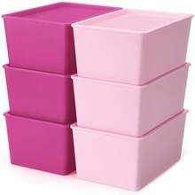 6 Pcs Storage Bins With Lids Small Plastic Storage Containers Stackable Storing Baskets Box Cute Organizer Bins For Organizing Shelves (Pink Series) - PinkSeries - View 1