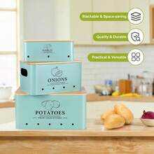 Kitchen Vegetable Storage Set Of 3, Metal Onion Garlic Potato Storage Set, Kitchen Canisters Vegetable Keeper Containers With Aerating Holes And Wooden Lid (Blue) - Blue - 查看 6