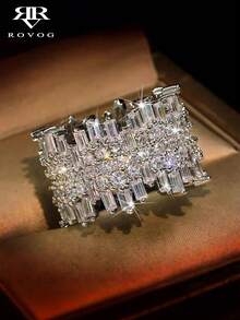 1pc Luxury Geometric Zirconia Encrusted Cocktail Ring, Elegant & Sophisticated Design, Suitable For Women's Wedding, Party, Holiday, Pair With Evening Gown - Silver - View 1