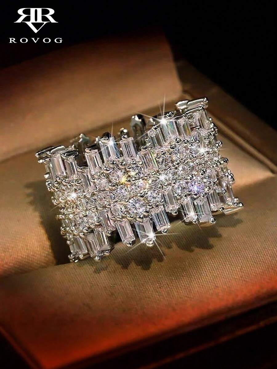 1pc Luxury Geometric Zirconia Encrusted Cocktail Ring, Elegant & Sophisticated Design, Suitable For Women's Wedding, Party, Holiday, Pair With Evening Gown - Silver - View 1