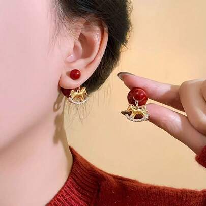 2pcs Vintage Chic Zirconia Earrings With Red Pearl & Mini Horse Design, Lightweight Luxury Earrings For 2026 Year Of The Horse
