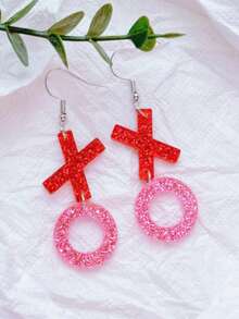 1 Pair Fashionable Pink Acrylic XOXO Earrings For Women, Affordable And Stylish, Ideal Valentine's Day Gift - Multicolor - View 3